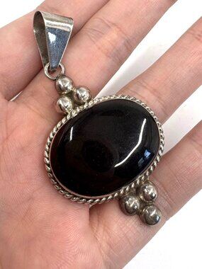 Sterling Silver 925 Black Onyx Bezel Set Rope Border Beaded Pendant Size 2.75"